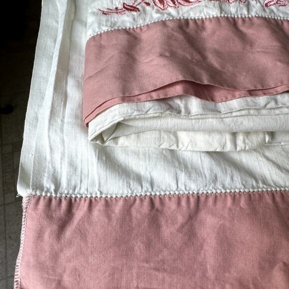 Vintage Pink Embroidered Mr Mrs Wedding Pillowcases Flat Sheet Cotton Trad Wife - Picture 7 of 12